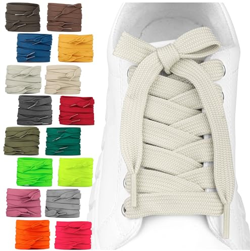SULPO 2 paia di lacci piatti – 12 mm di larghezza per scarpe – 60 – 200 cm – lavabile e resistente agli strappi poliestere – 18 colori, beige., 75cm - 2 Paare