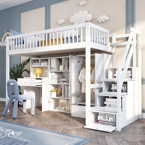 Merax Kinderbett Hochbett 90x200cm, mit Treppe Staufach Stauraum,Kleiderschrank,Schreibtisch und Bücherschrank, Etagenbett mit Lattenrost,Rausfallschutz, Ohne Matratze,Weiß/253.6×95×150cm