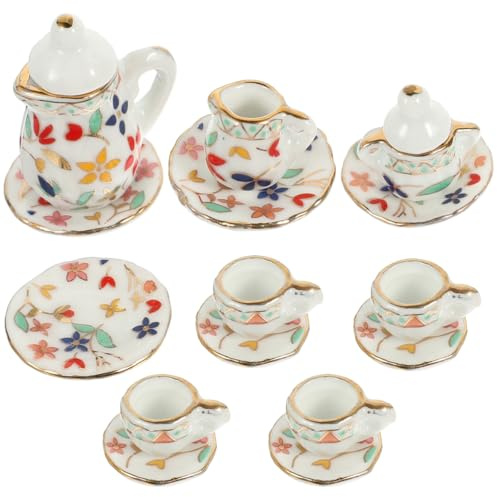 minkissy Ensemble De Thé Miniature en Porcelaine 4 Tasses À Café avec sous-Verres 4 Assiettes Et 3 Pots Accessoires pour Maison De Poupée Et Décoration Micro Dollhouse