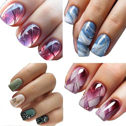 4 Boxes (96PCS) Burgundy Marble Emerald & Green Leopard French Press-On Nails – Short Square Shape with Accessory Tool, Eco-Friendly ABS, Timeless All-Season Style, Salon-Quality Results for Women