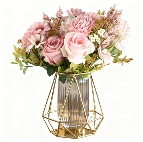 2 Bündel Künstlicher Blumenstrauß, 33cm Rosen Pfingstrosen Künstliche Blumensträuße, Fake Blumenstrauß, Brautstrauß Kunstblumenstrauß, Seidenblumen Wie Echt für Hochzeit küche Heim Dekoblumen