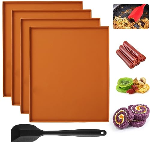 4 Stück Dehydrator Blätter Silikon Dehydrator Matten mit Rand und Silikonschaber, Wiederverwendbare Antihaft Dörrfolie für Dörrautomat, 30.5x25.5cm Dörrbleche, BPA Frei (Braun)