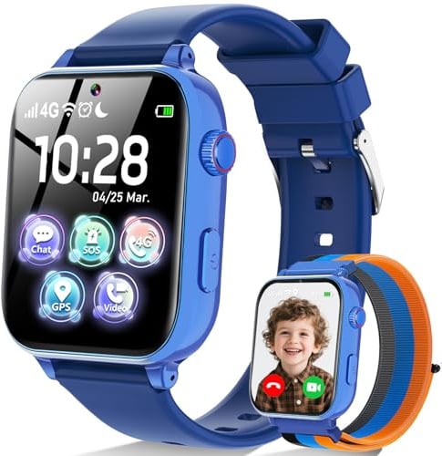 Ucani 4G Smartwatch Kinder mit GPS und Telefon, Armbanduhr Junge Mädchen mit Video/Telefonanruf, SOS Notruf, Wecker, Schulmodus, Schrittzähler, Puzzlespiel, Kinderuhr für Geschenke 4-12 Jahren, Blue
