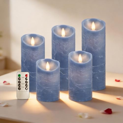 RosMank 5er Set LED-Kerzen, mit 10-Tasten-Fernbedienung, Flammenlos, aus Echtem Wachs, mit Flackernder Flamme, Dekoration für Weihnachten, Geburtstag, Hochzeit und Party, Blau