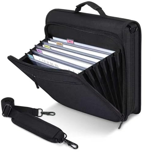 3 Ring Zipper Binder with Accordion File Organizer, Portable Oxford Binder Organizer with Handle and Shoulder Strap, Large Capacity Zippered Portfolio for School, Office, Business, Black