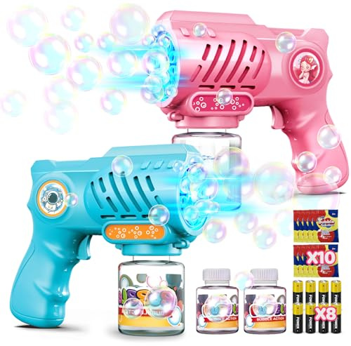Tecnock Pack de 2 Pistolas de Burbujas Automáticas para Niños, con Luces LED y 10 Boquillas, 8 Pilas AA Incluidas, 3 Botellas de Solución y 10 Sobres de Recarga, Ligeras y con Diseño Antiderrames