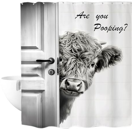 Rideau de douche motif vache Highland – 180,8 cm | Rideau de douche vache | Motif amusant « Are You Pooping ? » | Décoration de salle de bain rustique à imprimé Highland pour salle de bain