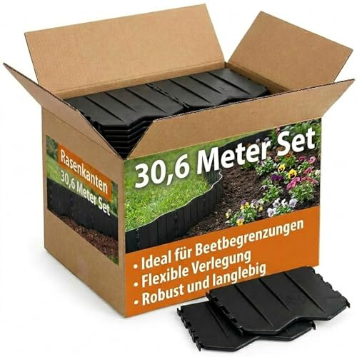BURI Rasenkante Kunststoff 30,9 m Set – Flexible Beetumrandung & Mähkante – 213 Elemente Stecksystem, wetterfest, frostsicher, UV-beständig – Unsichtbare Beeteinfassung aus recyceltem Material