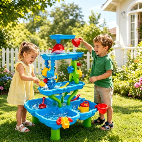 4 Tier Table d'eau pour Enfants, 4 en 1 Jeux d'eau et Sable Exterieur avec Accessoires (INCL. Moule à Sable,Pelle,Arrosoir,Activité), Table d'Activité Éducative pour Garçons et Filles de 3+ Ans (02)