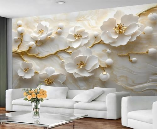 GIVLWF 3D Floral Wallpaper & Mural, Gold Branch Sculpture Wallpaper for Living Room, White Flower Bedroom Wall Paper, Non-Self-Adhesive Marble Murals for Walls