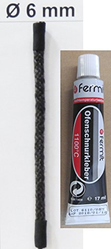 Guarnizione per porta stufa e camino di 6 mm di diametro, con adesivo e cavo di sigillatura a parte (diametro di 6 mm, lunghezza 1,0 m incluso1 tubo di colla Fermit)
