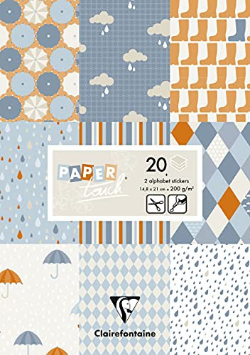 Clairefontaine 95241C - Block Paper Touch mit 20 Bögen bedruckten Bastelkarton 200g DIN A5 14,8x21 cm + Stickers Alphabet + Etiketten, für Scrapbooking und Bastelaktivitäten, Regen, 1 Stück