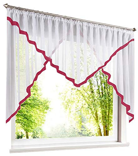 BAILEY JO Scheibengardine Voile mit Satinband Scheiben Gardinen Modern Raffrollo mit Kräuselband (HxB 120x450cm, Beere)