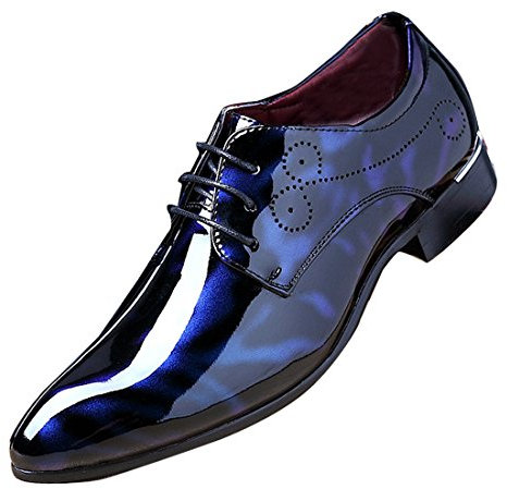 Scarpe Derby da uomo alla moda con motivo floreale, stringate, formali, a punta, lucide, piatte in finta pelle, Blu, 43.5 EU