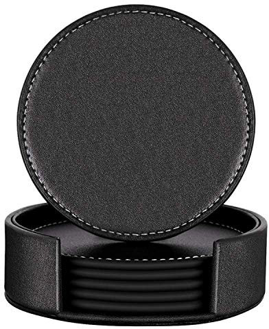 Famibay Getränke-Untersetzer PU Leder Tischuntersetzer Schwarz Rund 10cm Untersetzer 6er Set Untersetzer Matte für Getränke Bar Kaffee Tassen Glas