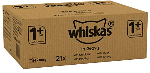 Whiskas wet pouches, delicious and tasty mixed selection in gravy, suitable for adult cats aged 1+, megapack (84 x 100 g)
