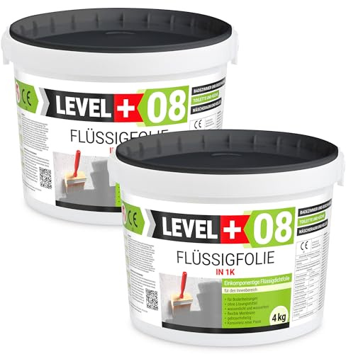 Level + 08 Flüssigfolie für Bad, Dusche & Küche – Dichtfolie unter Fliesen | auf Beton, Putz & Estrich – Wasserdichte Verbundabdichtung für Innenräume – Gebrauchsfertig und Elastisch – 8 kg
