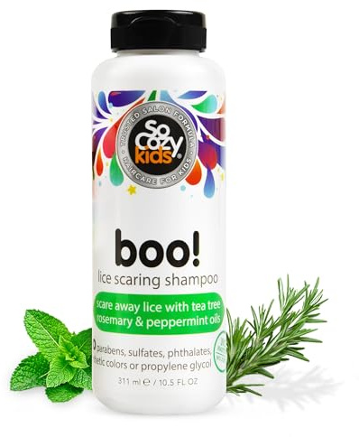 SoCozy Boo! Lice Scaring Shampoo For Kids Hair, Effective Lice Treatment (10.5 Fl Oz) Scare Away Lice with Tea Tree, Rosemary and Peppermint Oils, No Parabens, Sulfates, Synthetic Colors or Dyes