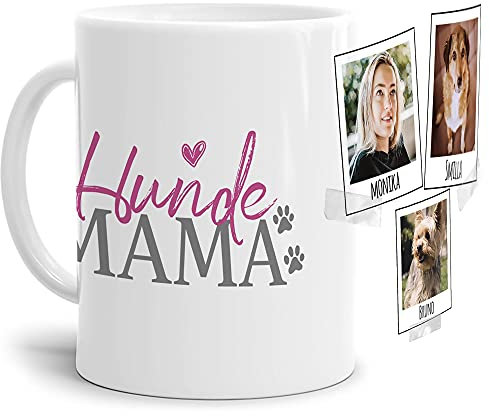 PfotenSchild Tasse mit Spruch - Collage Personalisieren - Hundemama - Für Hundeliebhaber und Hundebesitzer - 3 Bilder + 3 Namen, Weiß, 300 ml