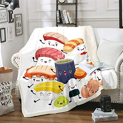 Homemissing Sushi Decke 130x150cm Weich Cosy Anime Flanell Fleecedeckes und Niedlich Sheet Set Kinder Kleinkind Japanische Kuscheldecke Karikatur Sushi Wohndecke für Schlafsofa Couch Weiß