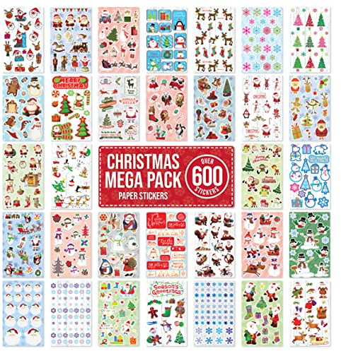 Weihnachtsaufkleber zum Dekorieren, Großpackung – über 600 selbstklebende Papieraufkleber – Merry Xmas Crafting, Scrapbook, Geschenk, Geschenk, Kartenherstellung für Kinder
