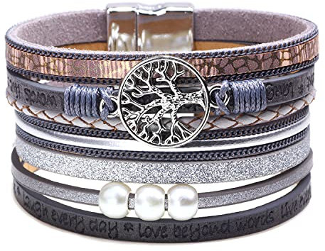 Bracelet Manchette en Cuir Arbre de Vie Multi-Couche Wraps Bracelet Boho Large Boucle Bracelet Bracelet pour Femme (C)