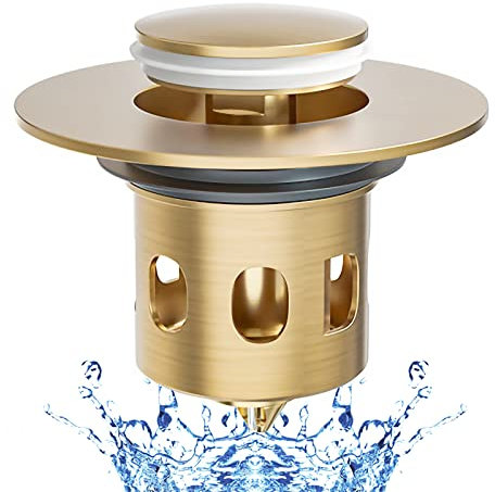 Brass Pop Up Sink Plug, Universal Drain Stopper with Drain Filter Basket Push Type Bounce Core, Anti-clogging, Bathroom Bath Kitchen, Fits Drain Hole 33.5-41.5 mm Diameter, Antique Brass