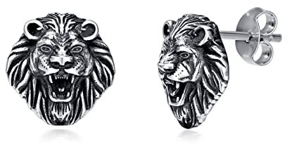 Shusukue Löwe Silber 925 Ohrstecker - Unisex Ohrstecker mit Schwarzen Steckern für Herren und Damen