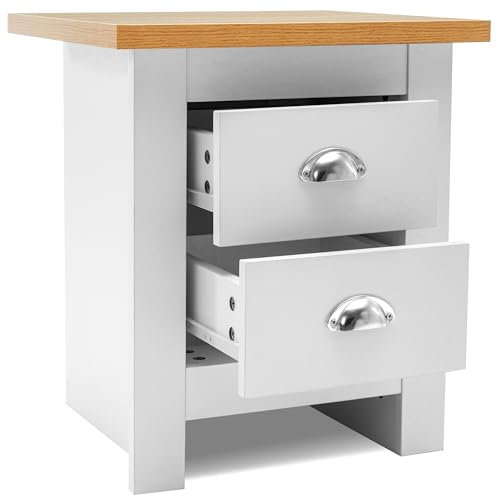 Blisswood Chest of Drawers, 2 Drawer Bedroom Chest of Drawer With Stainless Steel Cup Handle Bedside Table Cabinet Storage For Living Room, Hallway, Furniture (White/Oak 40D x 45W x 51H cm)