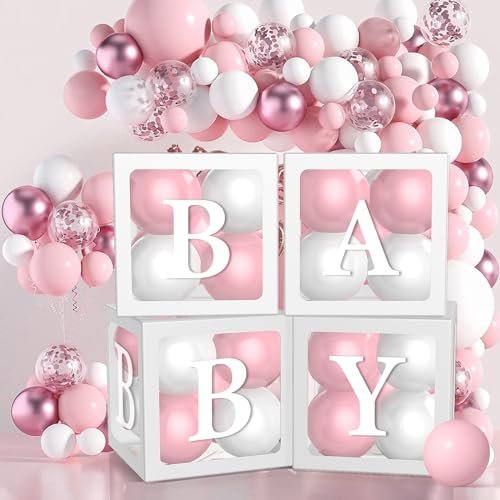 71Stück Babyparty Dekoration mit Luftballons und Buchstaben–Enthalten 33 Luftballons, 4 Durchsichtige Schachteln, 34 Buchstaben BABY*2+A-Z, Gender Reveal Party Deko, Baby Boxen Deko für Junge Mädchen
