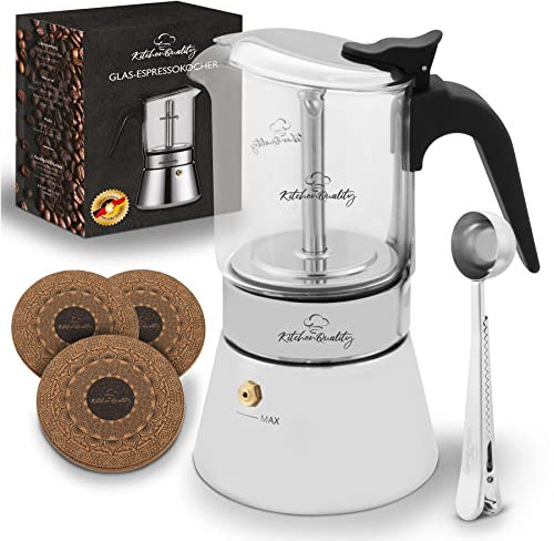 KitchenQuality Cafetera espresso | Cafetera de acero inoxidable y vidrio de borosilicato | Para todo tipo de fuegos | Incluye cuchara y posavasos