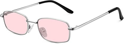 Fozono Rechteckige Sonnenbrille für Damen, 90er-Jahre-Stil, Retro-Stil, klein, schmal, quadratischer Rahmen, UV400-Schutz, Silberfarbener Rahmen, rosa Gläser, Standard