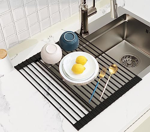 Okaytec Spülbecken Organizer - Abtropfgitter spüle - Spül geschirrtücher - Ablaufkorb Abtropfgitter spüle für küchenspüle (Silikon & 43 * 33 cm) - Schwarz