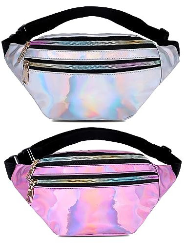 Valleycomfy 2 Stück Bauchtasche Mode Damen, Holographische Fanny Pack mit Taschen, Glitzer Gürteltasche Verstellbarer für Outdoor Reise Wandern Reisen Laufende