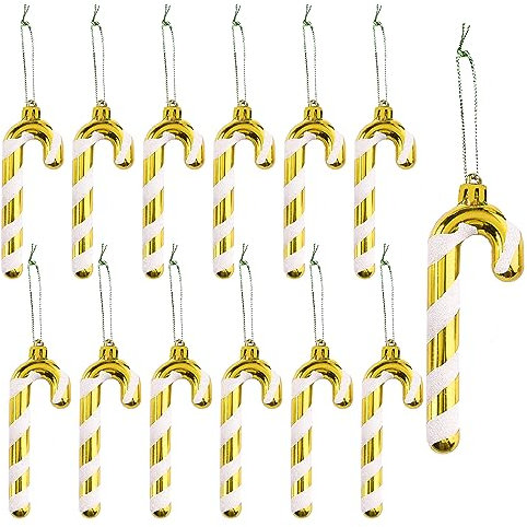 Herzwild 12pcs Weihnachtsbaumschmuck Zuckerstangen zum Hängen Weihnachtsdeko Anhänger Zuckerstange Ornamente Xmas Tree Hanging (Gold-White)