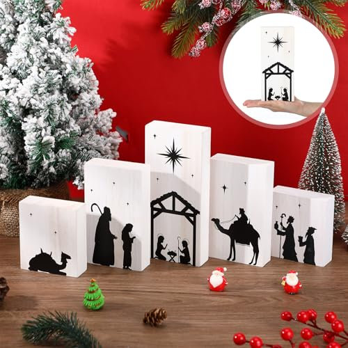 Soaoo 5 Stück Weihnachts-Silhouette, weiß lackierter Holzblock, rustikale Krippe, Dekorationen, Weihnachtskrippe, Tischdekoration für Geschenk, Bauernhaus, Urlaub, Dekorationen, Zuhause und drinnen