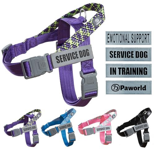 Paworld Hundegeschirr, Diensthundegeschirr, Norwegergeschirr Hund, Sicherheitsgeschirr mit 4 reflektierenden Aufnähern, Verstellbar, Griff, für Spaziergänge, Training und Laufen (Lila, XS)