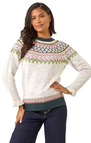 Roman Fairisle Jumper for Women UK Ladies Stretchy Winter Autumn Sweater Casual Knit Knitwear Knitted Pullover Comfy Soft Thick Lightweight Dinner Party Office Work - Multi - Size 16