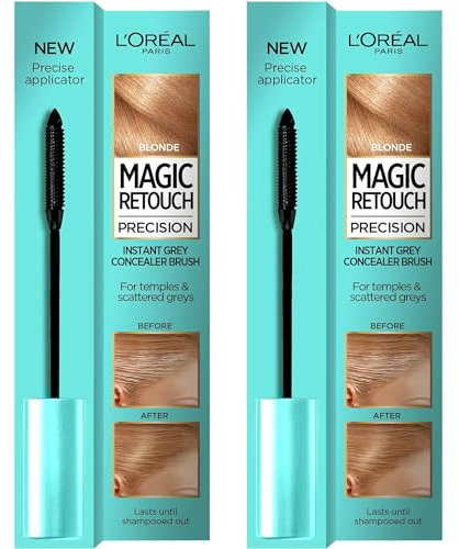 Loreal Grey Hair Cover Up Concealer Blond, sofortige Grauabdeckung, Haar-Mascara zum Abdecken von grauem Haar zwischen den Färbungen, mit einfach aufzutragendem Präzisionspinsel-Set, 2 Stück plus