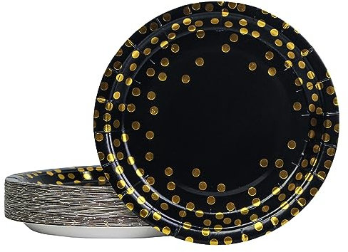 DHAIQC 50 platos de papel de oro negro de 23 cm, platos desechables de colores, platos para fiestas, para cumpleaños, bodas, aniversarios, picnics, barbacoas (oro negro, 9 pulgadas)