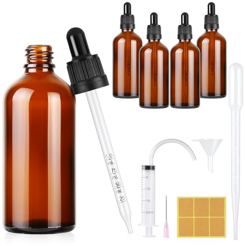 Furuising 4PCS Glass Dropper Bottle,100ML Pipette Dropper Bottle, Reusable Amber Glass Dropper Bottles with 3ml Dropper, 20ml Syringe, Funnel, Stickers for Essential Oils Aromatherapy
