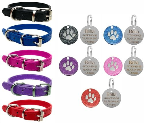 Vibrant Leather Dog Collar for Puppy, Dogs Small, Medium & Large With Personalised Engraved Round Glitter Paw Tag (Small (27cm - 33cm Neck), Purple)