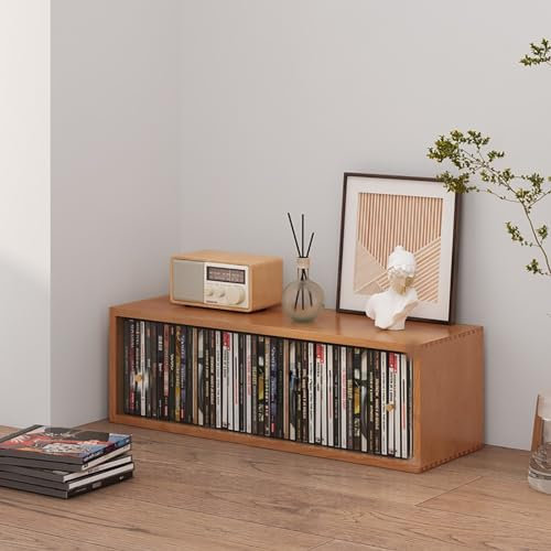FfiMe CD Storage,CD Rack Holder Tabletop Record Storage Holder, Vintage Wood Music Album Store Rack,Bookshelf, Media Storage Organizer can Hold 90 Sheets (Brown)