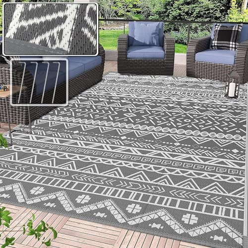 GOI Outdoor Rugs for Garden,245 x 150cm Waterproof Outdoor Carpet,Plastic Straw Rug Portable Camping, Patio Decor and Rug for RV, Patio, Backyard, Deck, Picnic, Beach -Grey
