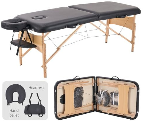 YOUNIKE Massageliege 2-Zonen klappbar Tragbare Massagebank Höhenverstellbarer Massagetisch mit Kopfstütze mit Holzfüßen und Zubehör Tragetasche Mobile Massagebett Schwarz
