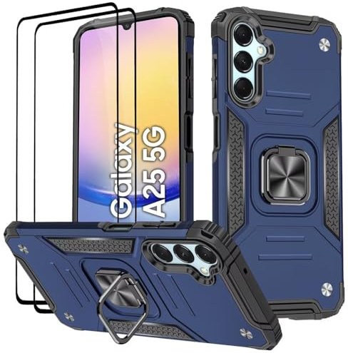 KANSi Coque pour Samsung Galaxy A25, Verre Trempé [2 Pièces] + Housse TPU Silicone Rotation 360° Aimant Anneau Support Double Défense Protection Etui - Bleu