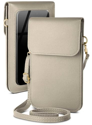 moex Handytasche zum Umhängen für iPhone 13/13 Pro kleine Handtasche mit Handyfach und Sichtfenster, 2 extra Fächer Mini PU Leder Handy Umhängetasche Damen CitySling, Grau