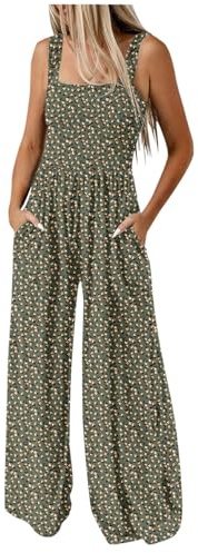 Women's Jumpsuits Casual Loose Overalls One Piece Sleeveless Floral Printed Wide Leg Long Pant Ladies Dungarees Rompers with Pockets