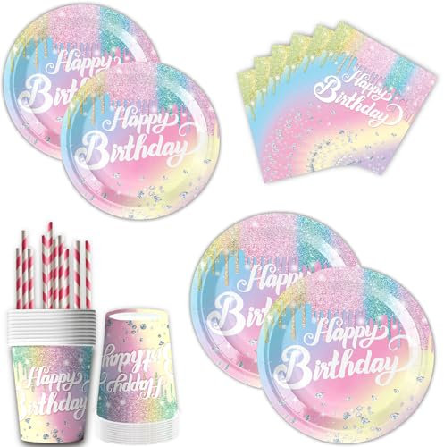 Regenbogen deko partygeschirr set,50pcs geburtstagsdeko mädchen einweggeschirr set,Inklusive pappteller bunt, servietten geburtstag,Becher und strohhalme papier,für geburtstag party