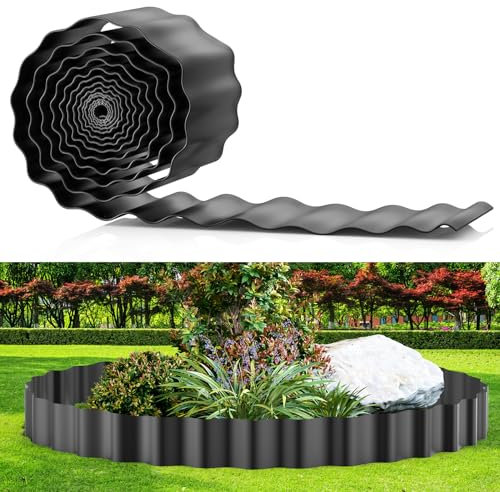 Galvanized Steel Landscape Edging - 8 Inch × 20FT Sturdy Metal Garden Corrugated Edging, Flexible Yard Border for DIY Flower Beds, Plants, Walkways, or Lawns - Black